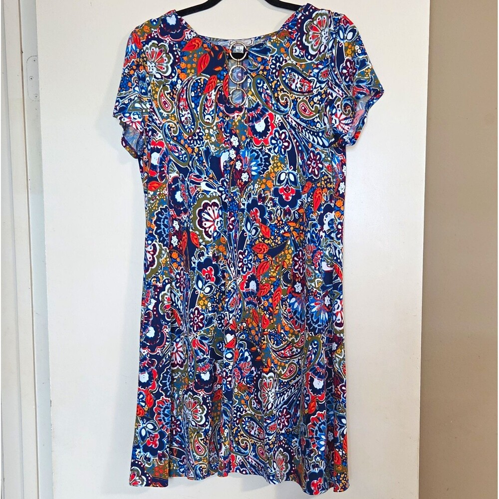 Ivy Road Multicolor Paisley Knit Shift Dress L Keyhole Neck Ring Stretch